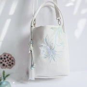 Buddha Stones Embroidery Flower Pattern Canvas Shoulder Bag Tote Bag Crossbody Bag Bag BS White Flower Leaf