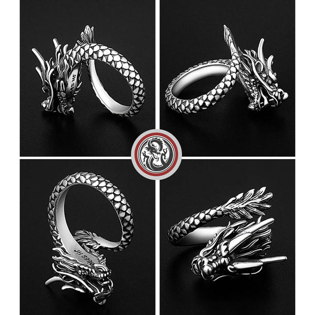 Buddha Stones 990 Sterling Silver Vintage Dragon Design Luck Protection Strength Adjustable Ring Ring BS 8