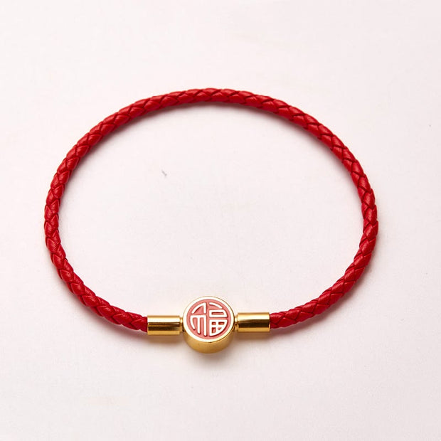Buddha Stones Fu Character Blessing Fortune Leather Buckle Bracelet Bracelet BS Red 21cm
