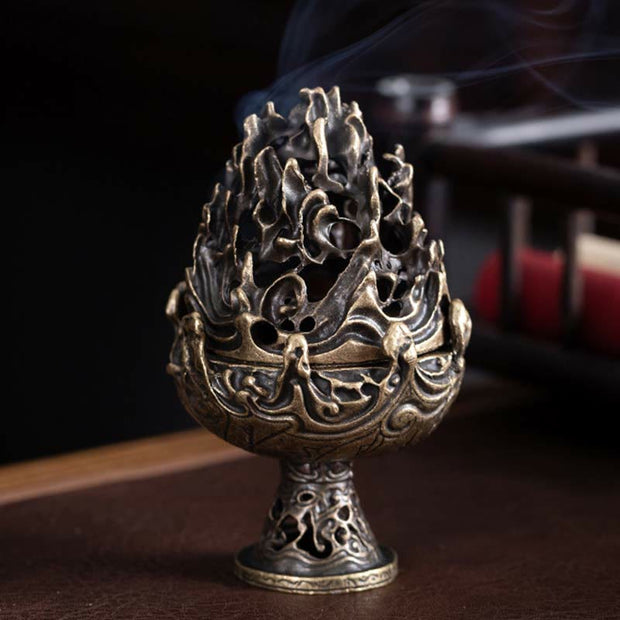 Buddha Stones Tibetan Mini Mountain Pattern Meditation Copper Alloy Incense Burner Incense Burner BS Bronze 6.6*10.5cm