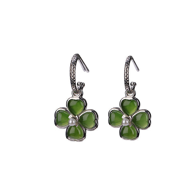 Buddha Stones 925 Sterling Silver Natural Cyan Jade Four Leaf Clover Luck Success Earrings Earrings BS 7
