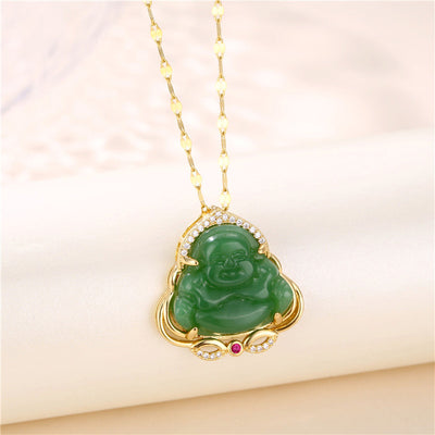 Buddha Stones Natural Laughing Buddha Peace Necklace Necklaces & Pendants BS Green
