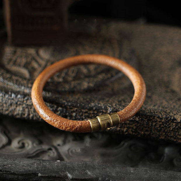 Buddha Stones Retro Leather Luck Healing Copper Magnetic Buckle Bracelet