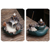 Buddha Stones Lotus Flower Leaf Frog Butterfly Pattern Healing Ceramic Incense Burner Decoration