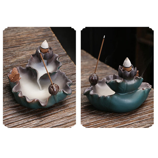 Buddha Stones Lotus Flower Leaf Frog Butterfly Pattern Healing Ceramic Incense Burner Decoration Incense Burner BS 20