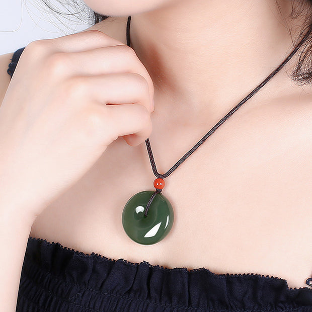 Buddha Stones Natural Round Jade Peace Buckle Prosperity Necklace String Pendant Necklaces & Pendants BS 3