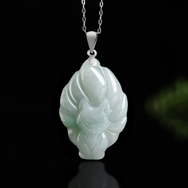 Buddha Stones 925 Sterling Silver Natural Jade Nine Tailed Fox Prosperity Necklace Pendant Necklaces & Pendants BS Jade (Prosperity ♥ Abundance)