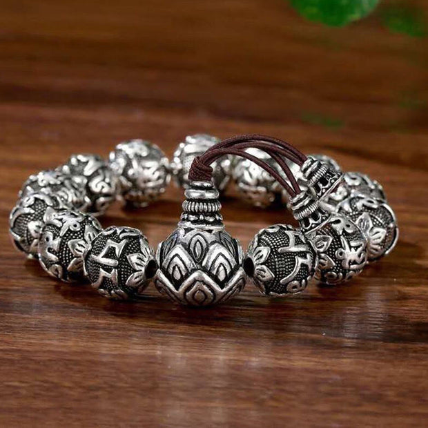 Buddha Stones Tibetan Om Mani Padme Hum Carved Alloy Beads Amulet Bracelet Bracelet BS Antique Silver 16mm(Wrist Circumference 16-20cm)