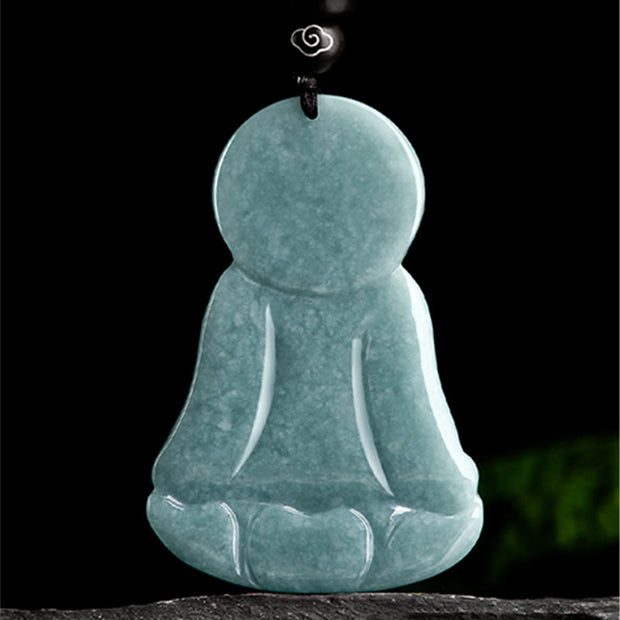 Buddha Stones Amitabha Buddha Natural Jade Lotus Amulet Compassion String Necklace Pendant Necklaces & Pendants BS 5