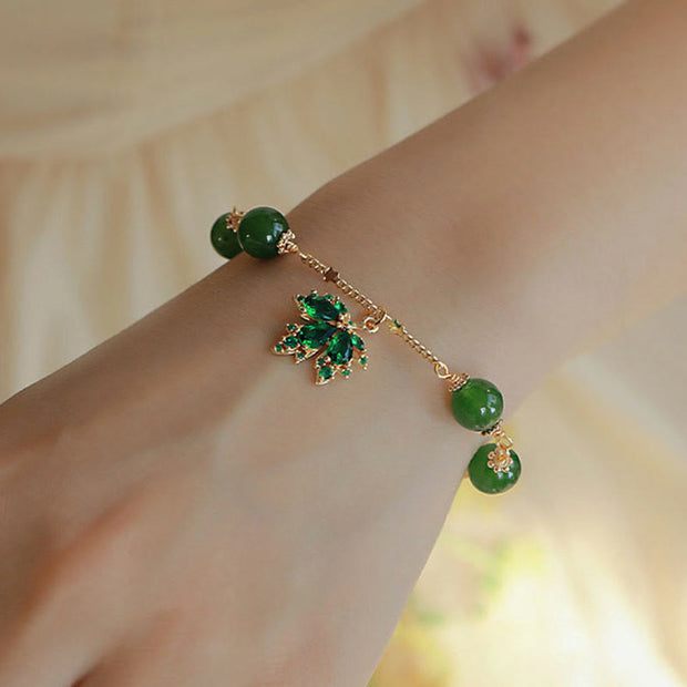 Buddha Stones 14k Gold Plated Green Chalcedony Maple Leaf Courage Strength Bracelet