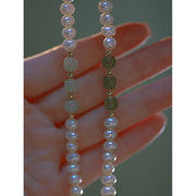 Buddha Stones 14K Gold Plated Natural Pearl Hetian Cyan Jade White Jade Sincerity Bead Chain Bracelet Bracelet BS 10
