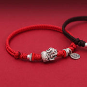 Buddha Stones 925 Sterling Silver PiXiu Fu Character Wealth Luck Handmade Braided Bracelet