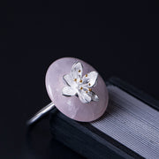 925 Sterling Silver Pink Crystal Aventurine Lotus Balance Ring Ring BS 4