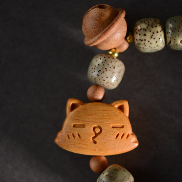 Buddha Stones Bodhi Seed Sandalwood Cat Peach Wood Bell Peace Harmony Bracelet