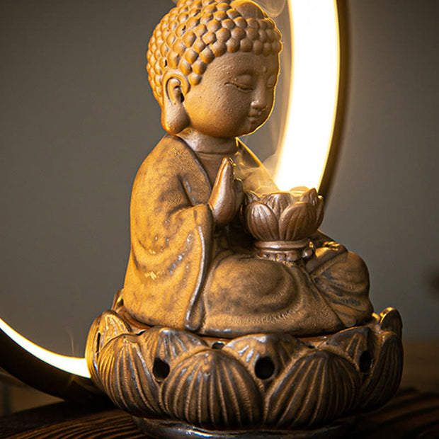 Buddha Stones Buddha Lotus Backflow Smoke Fountain Ceramic Blessing Incense Burner With Light Decoration Incense Burner BS 9