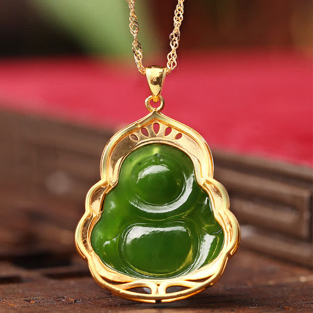 Buddha Stones 925 Sterling Silver Natural Hetian Cyan Jade Laughing Buddha 18K Gold Healing Necklace Chain Pendant Necklaces & Pendants BS 7