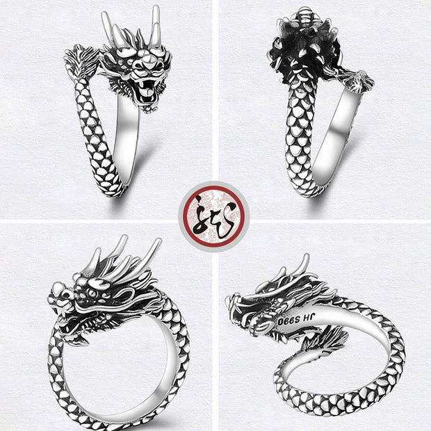 Buddha Stones 990 Sterling Silver Vintage Dragon Design Luck Protection Strength Adjustable Ring Ring BS 9