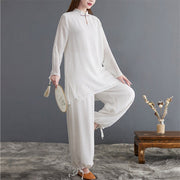 Buddha Stones 2Pcs Tai Chi Meditation Yoga Zen Spiritual Cotton Linen Clothing Top Pants Women's Set Clothes BS 3
