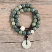 Buddha Stones Cyan Bodhi Seed Lotus Jade Peace Buckle Wisdom Double Wrap Bracelet Mala Bracelet BS 1