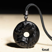 Buddha Stones Chinese Zodiac Natural Black Obsidian Peace Buckle Strength Necklace Pendant Necklaces & Pendants BS Goat