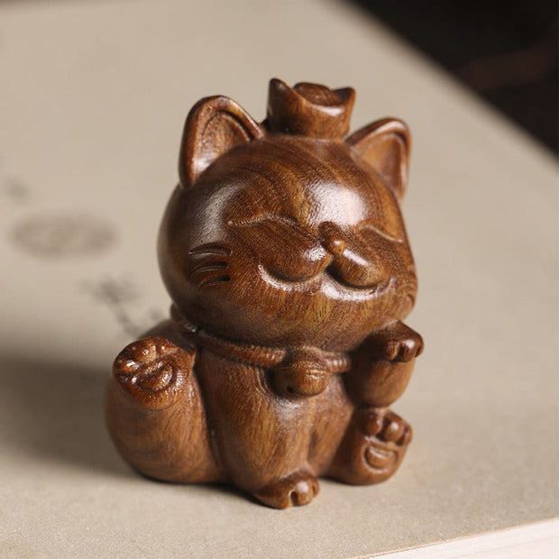 Buddha Stones Mini Green Sandalwood Ingot Lucky Cat Carved Peace Desk Decorations