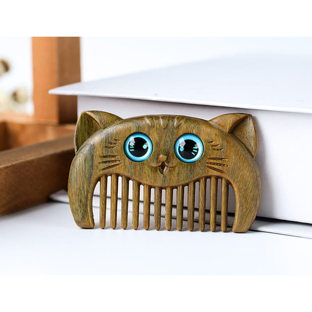 Buddha Stones Simple Cat Pattern Green Sandalwood Cure Portable Comb Comb BS 6