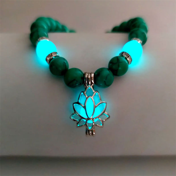 Buddha Stones Tibetan Turquoise Glowstone Luminous Bead Lotus Protection Bracelet Bracelet BS Turquoise Blue-Green Light