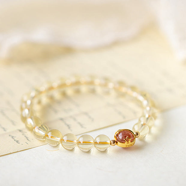 Buddha Stones Golden Rutilated Quartz Strawberry Quartz Star Protection Bracelet