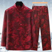 Buddha Stones Tang Suit Men Hanfu Chinese Dragon Traditional Clothes Kung Fu Shirt Uniform Long Sleeved Coat Tops and Pants Clothing Men's Set