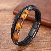 Buddha Stones Natural Tiger Eye Protection Willpower Magnetic Buckle Leather Bracelet Bracelet BS 18-20cm