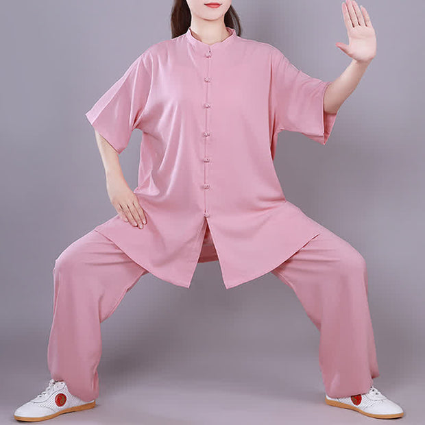 Buddha Stones Tai Chi Qigong Meditation Prayer Spiritual Zen Practice Unisex Cotton Linen Clothing Set Clothes BS Pink Short Sleeve XXXL