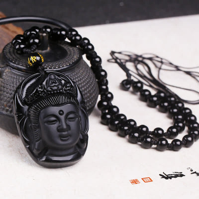 Buddha Stones Natural Black Obsidian Kwan Yin Avalokitesvara Strength String Necklace Pendant Necklaces & Pendants BS Black Obsidian(Purification♥Transformation)