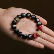 Buddha Stones Gold Sheen Obsidian PiXiu Cinnabar Om Mani Padme Hum Protection Bracelet Bracelet BS 5