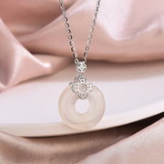 Buddha Stones 925 Sterling Silver Natural Hetian White Jade Chalcedony Coin Peace Buckle Luck Necklace Pendant Necklaces & Pendants BS Chalcedony(Positive♥Harmony) Silver