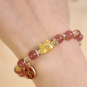 Buddha Stones Year of the Dragon Strawberry Quartz Copper Coin Attract Wealth Charm Bracelet Bracelet BS 5
