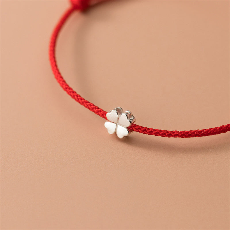 Buddha Stones 925 Sterling Silver Four Leaf Clover Red Rope