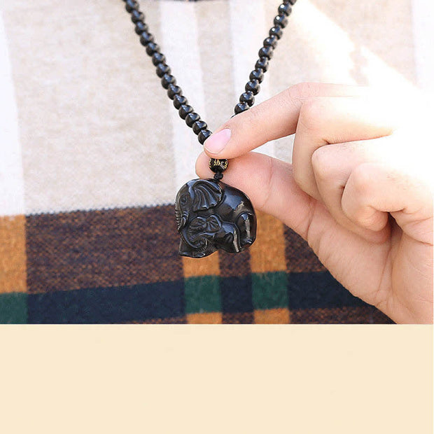 Buddha Stones Black Obsidian Elephant Protection Strength Necklace Pendant Necklaces & Pendants BS 4