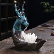 Buddha Stones Little Deer Ceramic Lotus Meditation Incense Burner Decoration Decorations Incense Burner BS White Lotus