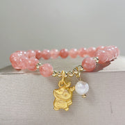 Buddha Stones Year of the Dragon Strawberry Quartz Dragon Pearl Charm Protection Bracelet