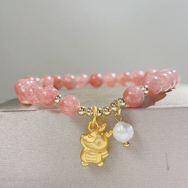 Buddha Stones Year of the Dragon Strawberry Quartz Dragon Pearl Charm Protection Bracelet Bracelet BS 2
