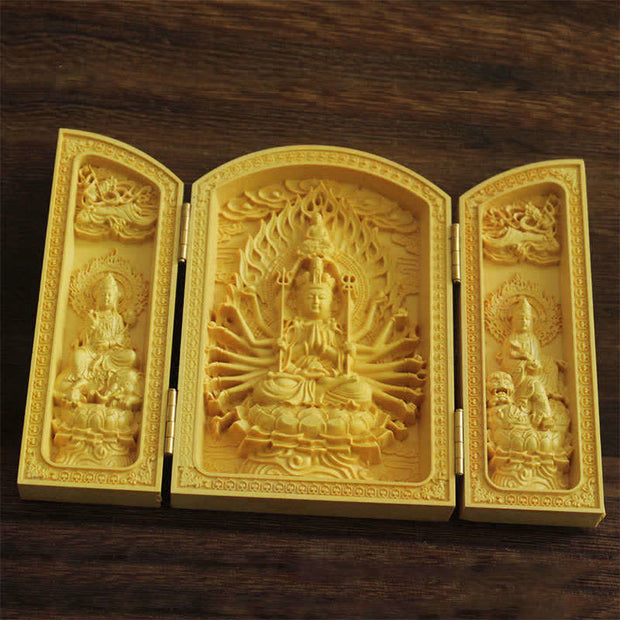 Buddha Stones Thousand-armed Avalokitesvara Kwan Yin Buddha Boxwood Wealth Home Decoration Altar Prayer Altar BS 3