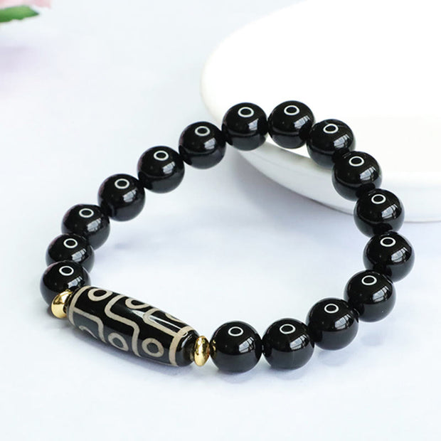 Buddha Stones Tibetan Nine-Eye Dzi Bead Black Onyx Power Bracelet