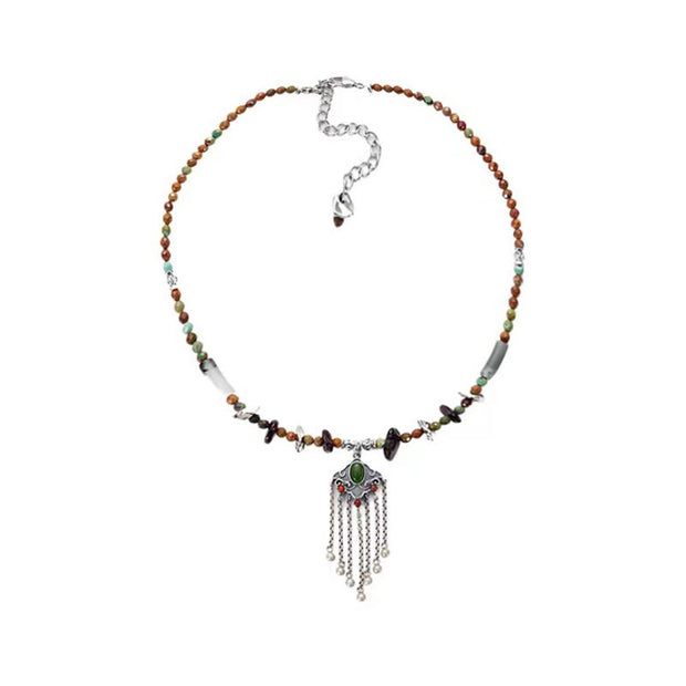 Buddha Stones Tibetan Crystal Stone Copper Luck Tassel Necklace Pendant