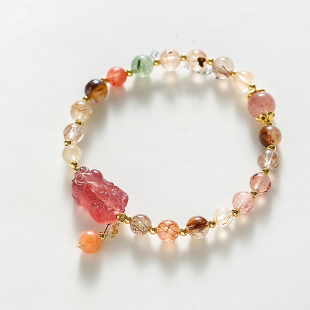 Buddha Stones Natural Rutilated Quartz Strawberry Quartz PiXiu Wealth Bracelet Bracelet BS 3