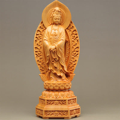 Buddha Stones Handmade Thuja Sutchuenensis Wood Kwan Yin Avalokitesvara Prosperity Decoration Decorations BS 20.5*7cm