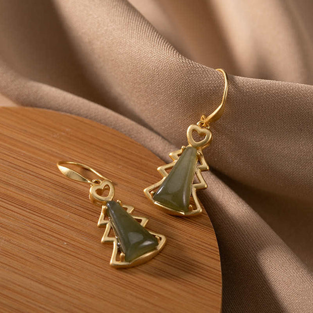 Buddha Stones 925 Sterling Silver Hetian Cyan Jade Christmas Tree Luck Dangle Earrings Earrings BS 1
