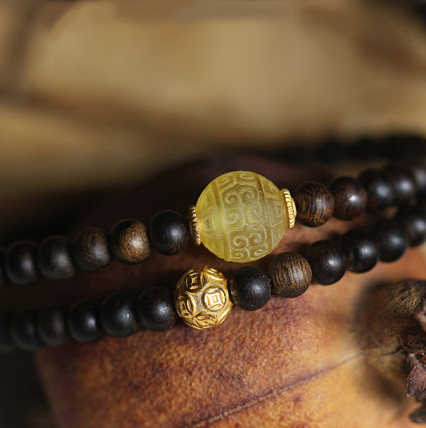 Buddha Stones 999 Gold Nha Trang Heiqinan Agarwood Amber Red Agate Strength Meditation Bracelet Bracelet BS 3
