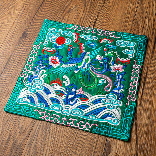Buddha Stones Phoenix Dragon Kirin Embroidery Cup Mat Pad Tea Cup Coaster Kung Fu Tea Mat
