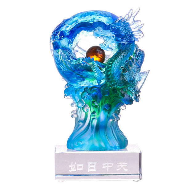 Buddha Stones Handmade Azure Dragon Liuli Crystal Art Piece Success Protection Home Office Decoration
