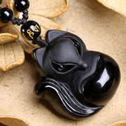 Buddha Stones Natural Black Obsidian Tiger Eye Ice Obsidian Fox Pendant Amulet Necklace Necklaces & Pendants BS 4